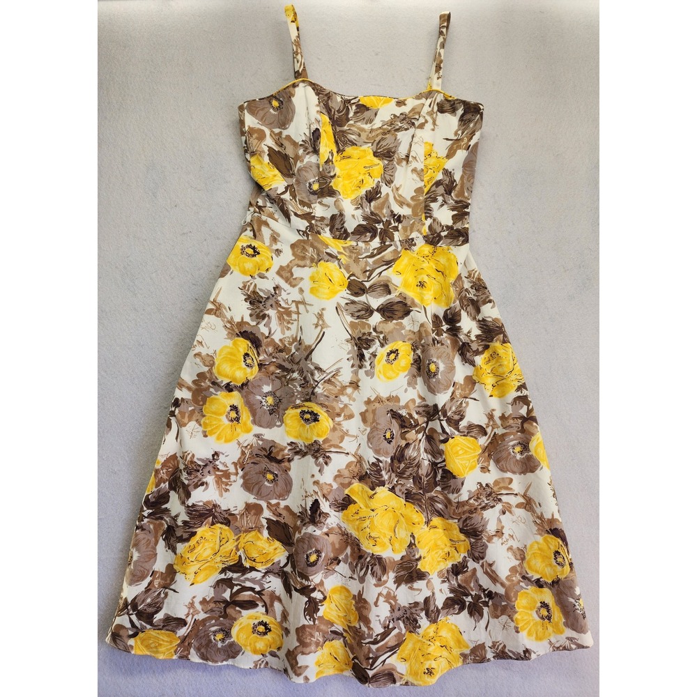 Dressbarn Floral Spaghetti Strap Fit & Flare Midi Dress Yellow Brown Size 4